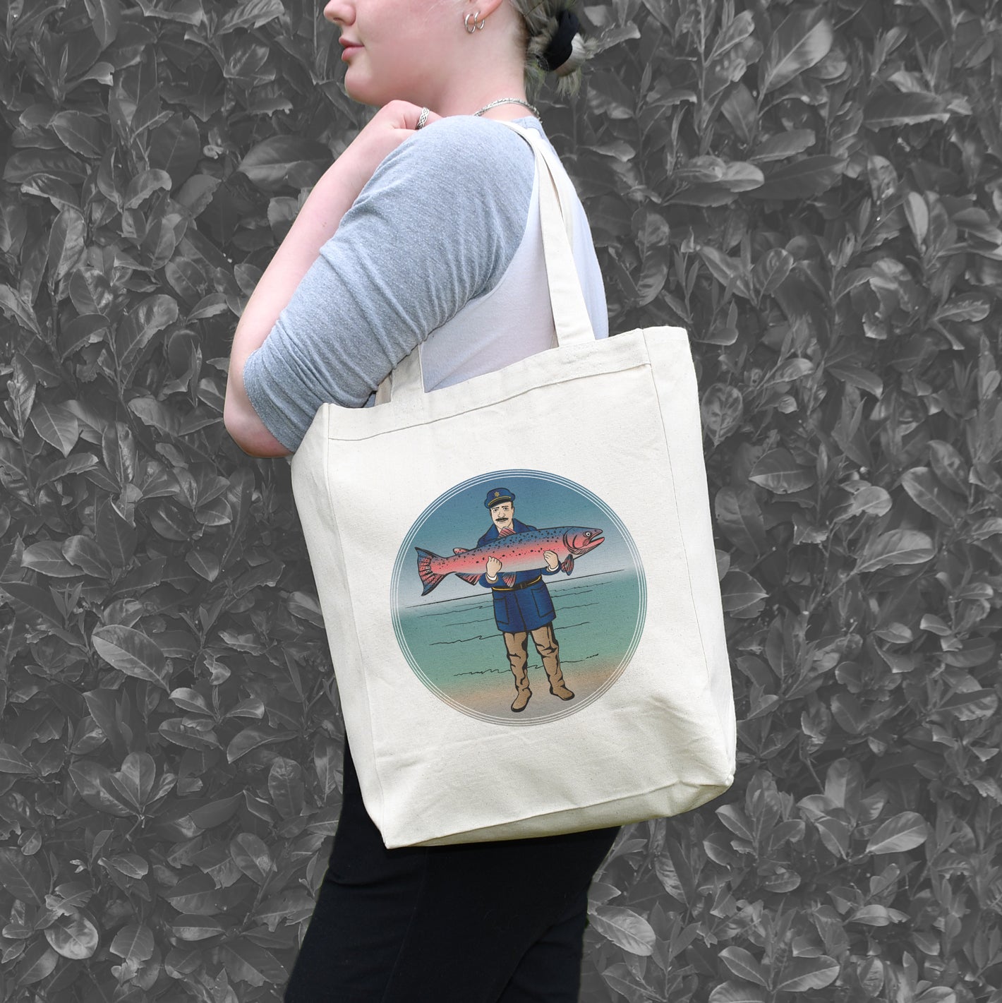 Fish Print Canvas Tote Bag - Eco Friendly Shopping Carry Bag